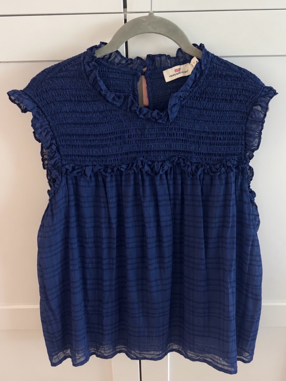 Vineyard Vines Navy Smocked Ruffle Cap-Sleeve Blouse